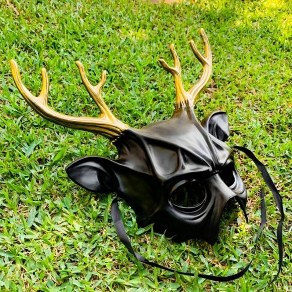 Black Devil Animal Face Mask with Gold Deer Horn Halloween Masquerade Party Mask - Picture 2 of 3